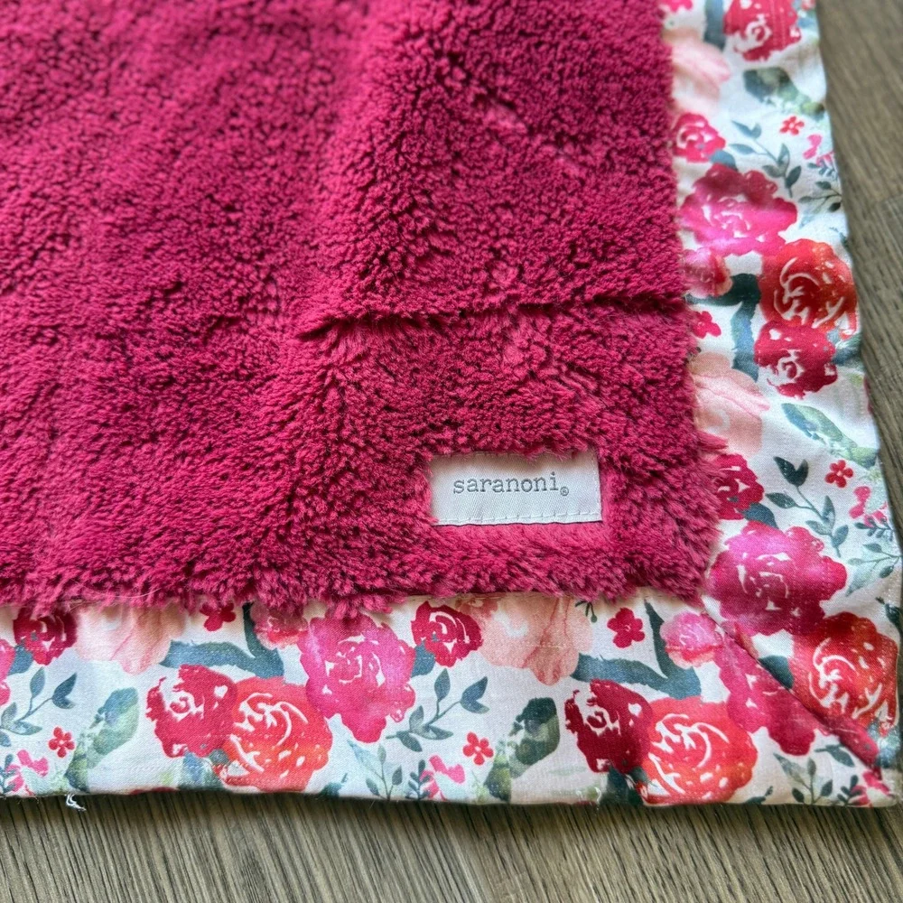 Saranoni Mini Blanket Pink Faux Fur Satin Border Floral Rose Security Lovey